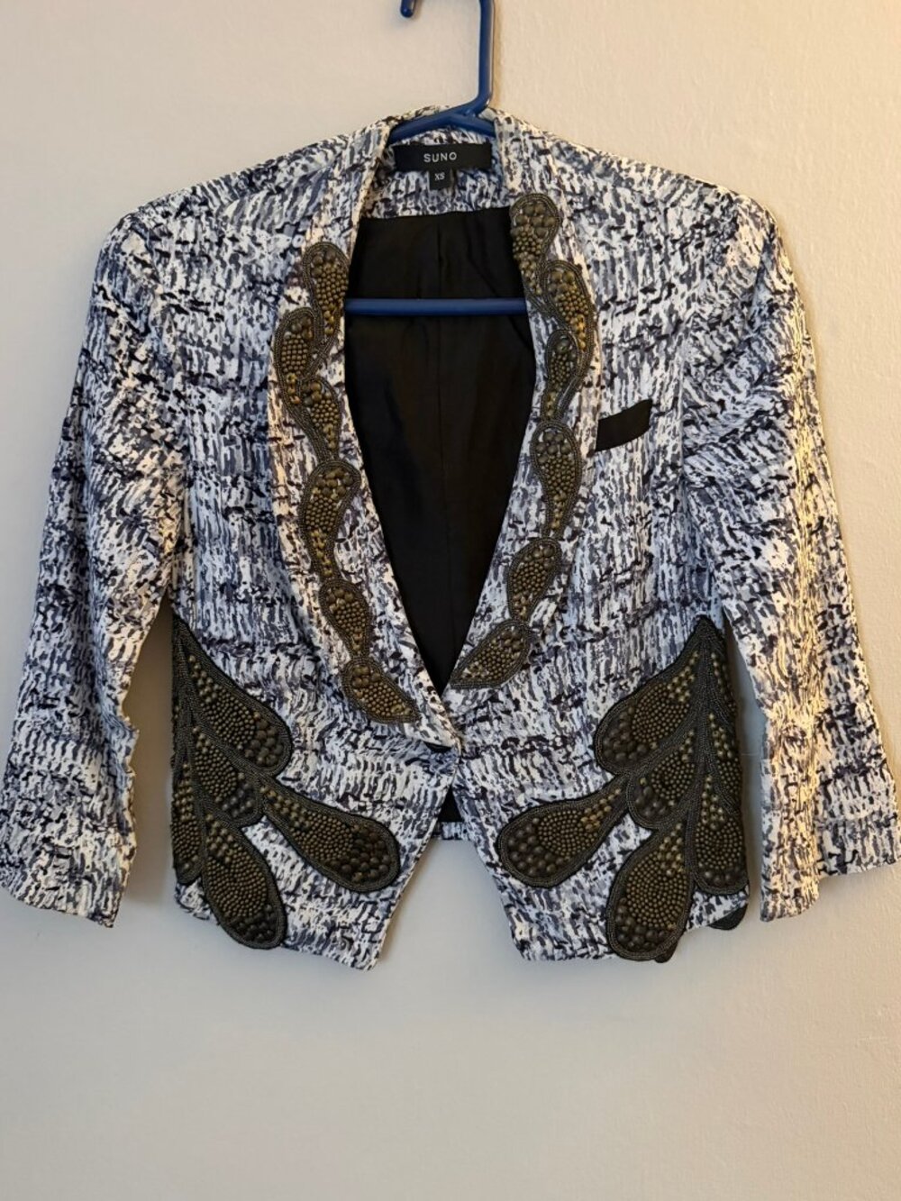 SUNO Printed 3/4 Sleeve Embroidery Beaded Jacket Silk Lining Blazer Size XS